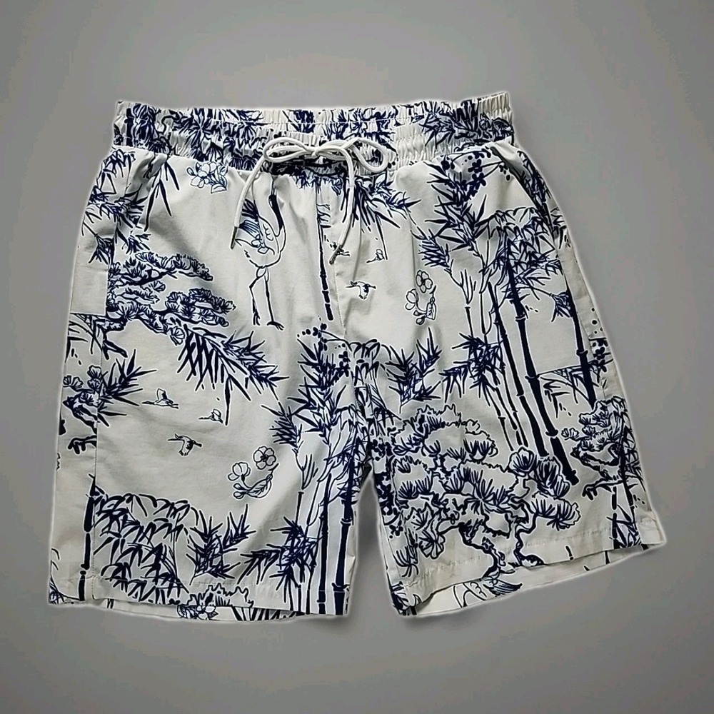 SHEIN Swim Trunks Board Shorts Men's 32W Large Blue & White Tropical Pockets